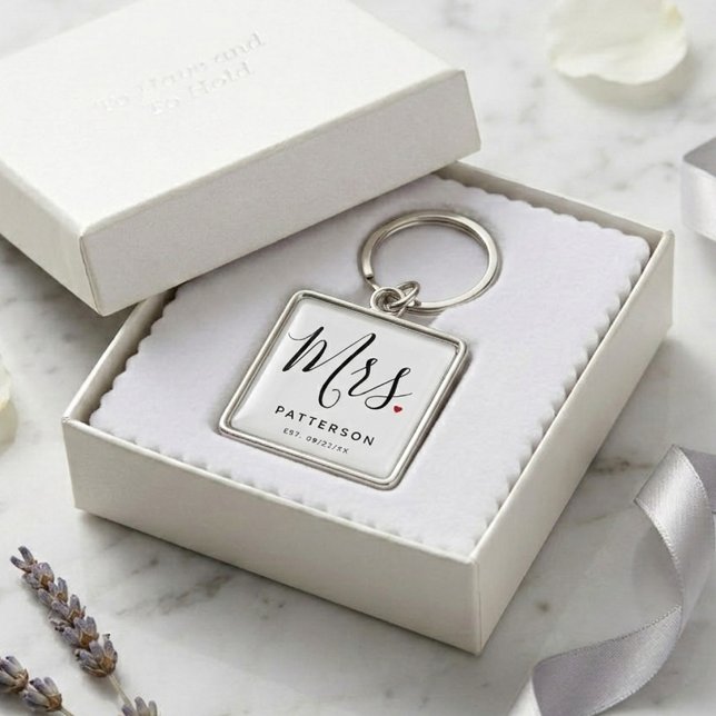 Stylish Mrs. Custom Last Name & Date Wedding Keychain (Creator Uploaded)