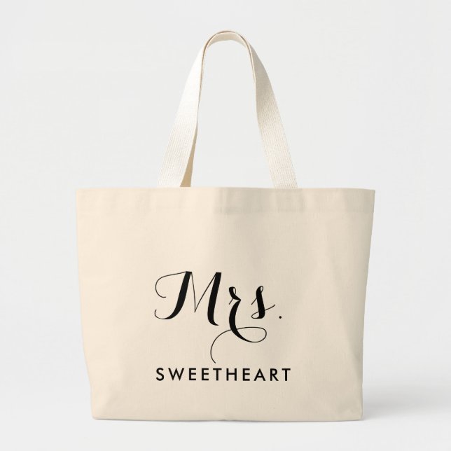 Stylish Mrs. & Name Text Jumbo Tote for Brides (Front)