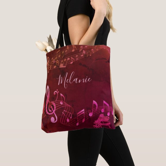 Stylish Music Notes Piano Red Pink Personalized Tote Bag (Close Up)