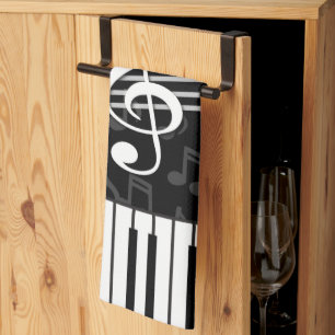 Stylish Music Notes Treble Clef and Piano Keys Kitchen Towel