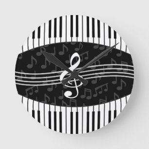 Stylish Music Notes Treble Clef and Piano Keys Round Clock