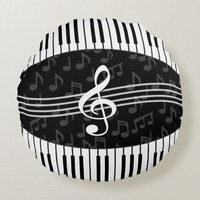 Stylish Music Notes Treble Clef and Piano Keys Round Pillow (Front)