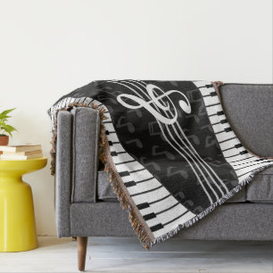 Stylish Music Notes Treble Clef and Piano Keys Throw Blanket