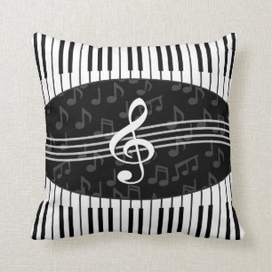 Stylish Music Notes Treble Clef and Piano Keys Throw Pillow