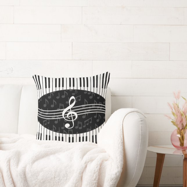 Stylish Music Notes Treble Clef and Piano Keys Throw Pillow (Couch)