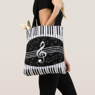 Stylish Music Notes Treble Clef and Piano Keys Tote Bag