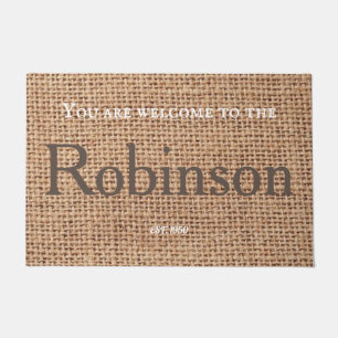 Stylish name brown farmhouse country burlap text doormat