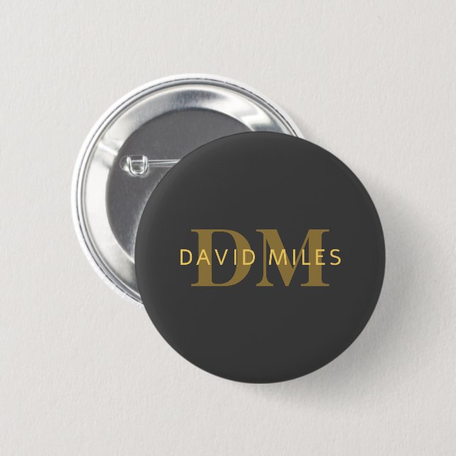 Stylish Name & Monogram | Gold & Dark Grey 2 Inch Round Button (Front & Back)