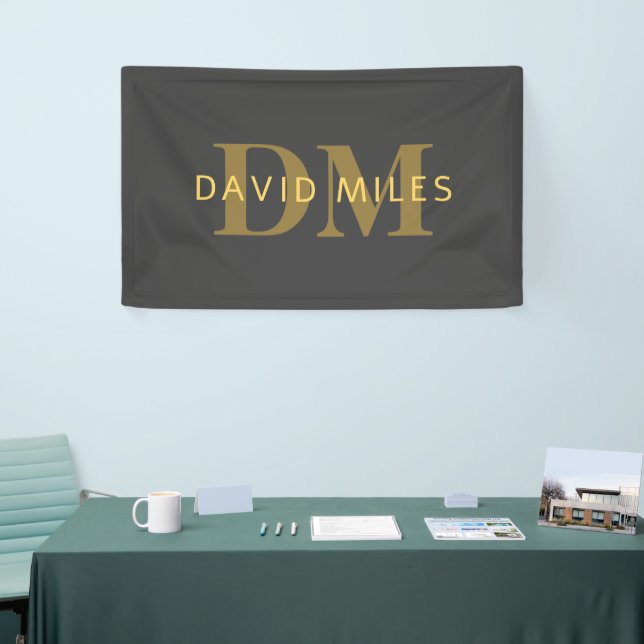 Stylish Name & Monogram | Gold & Dark Grey Banner (Tradeshow)