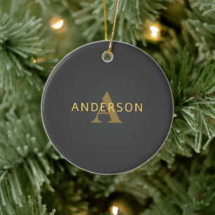 Stylish Name & Monogram   Gold & Dark Grey Ceramic Ornament