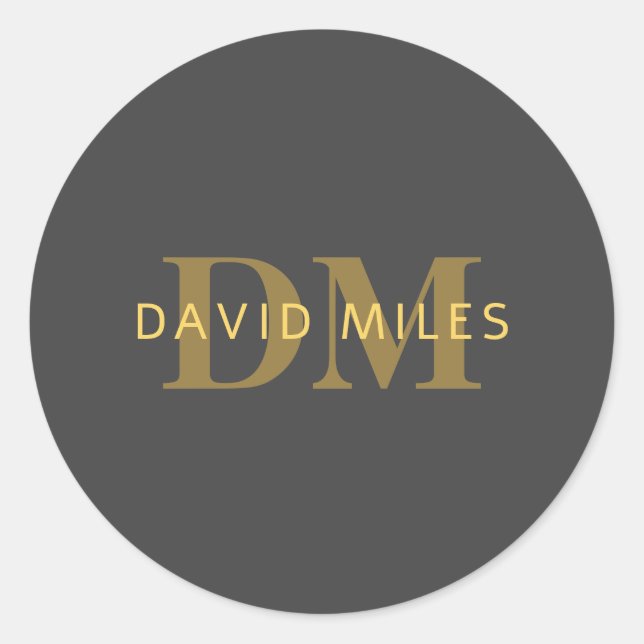 Stylish Name & Monogram | Gold & Dark Grey Classic Round Sticker (Front)