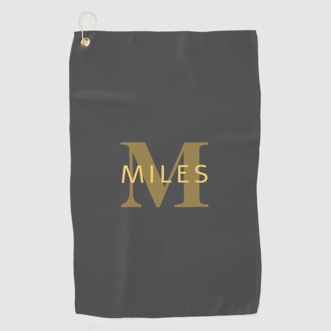 Stylish Name & Monogram | Gold & Dark Grey Golf Towel (Front)