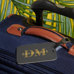 Stylish Name & Monogram Gold & Dark Grey Luggage Tag