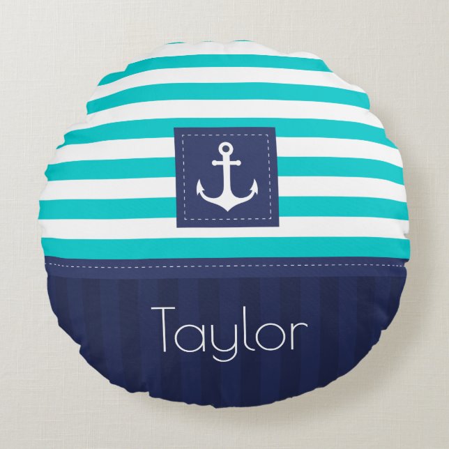 Stylish Nautical Anchor Design Custom Text Round Pillow (Front)