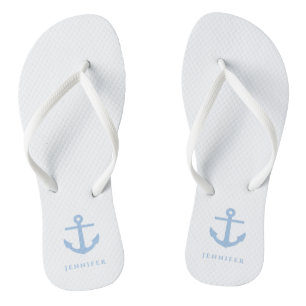 Stylish Nautical Blue Anchor Custom Name  Flip Flops