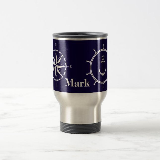 Stylish Nautical Compass and Ship Wheel Monogram Travel Mug (Center)