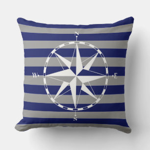 Stylish Nautical Compass On Blue Stripe Pattern Throw Pillow