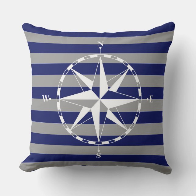 Stylish Nautical Compass On Blue Stripe Pattern Throw Pillow (Front)