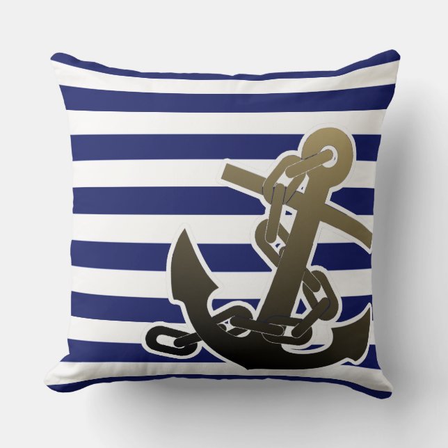 Stylish Nautical XL Anchor On Stripe Pattern Throw Pillow (Front)