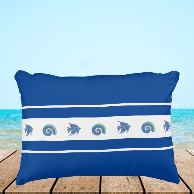 Stylish Navy Blue and White Stripes Shells Fish Accent Pillow (Creator Uploaded)