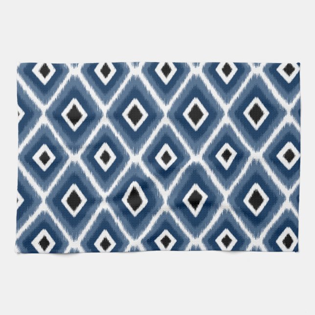 Stylish Navy Blue Black Ikat Pattern Kitchen Towel (Horizontal)