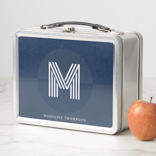 Stylish Navy Blue Geometric Modern Monogram Metal Lunch Box (In Situ)
