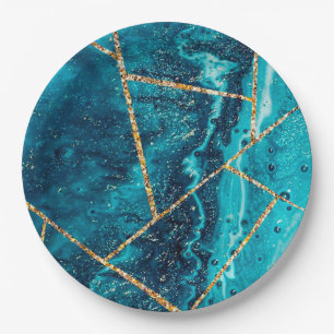 Stylish Navy Blue Gold Agate Geode Chic Monogram Paper Plate