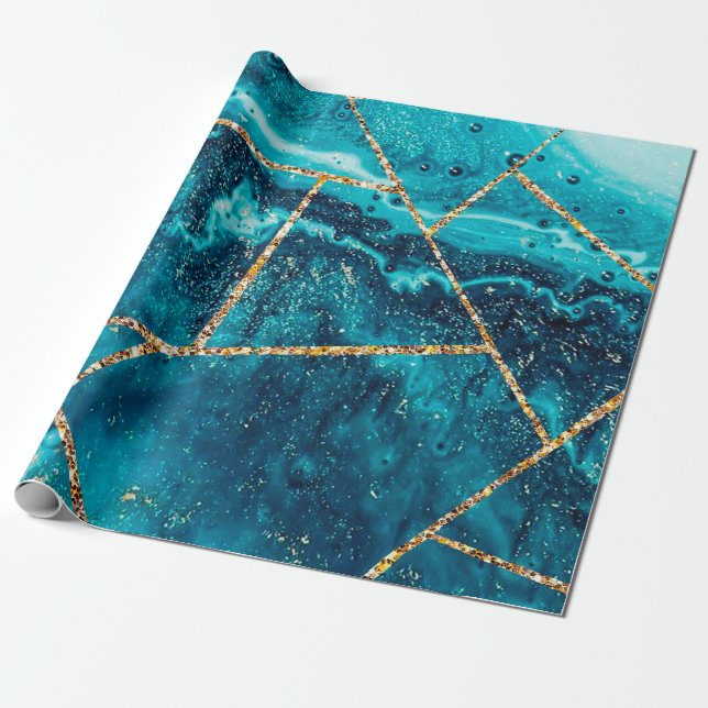 Stylish Navy Blue Gold Agate Geode Chic Monogram Wrapping Paper (Unrolled)