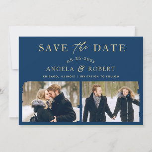 Stylish Navy Blue Gold Brush Stroke Frame 2 Photo Save The Date