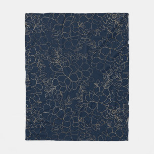 Stylish navy blue gold hand drawn floral fleece blanket