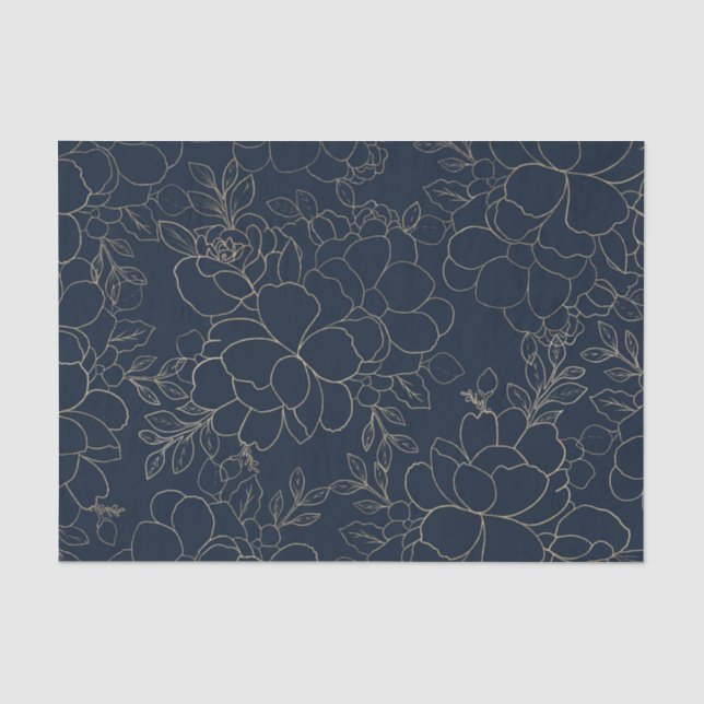 Stylish navy blue gold hand drawn floral tissue paper (Front)