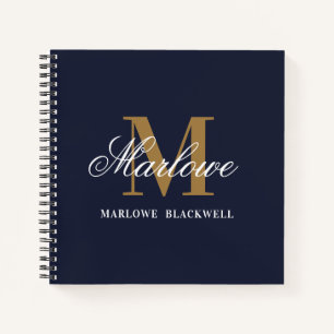 Stylish Navy Blue Gold Monogram Calligraphy Notebook