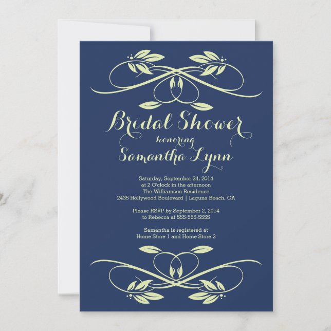 Stylish Navy Blue Leaf Flourish Bridal Shower Invitation (Front)