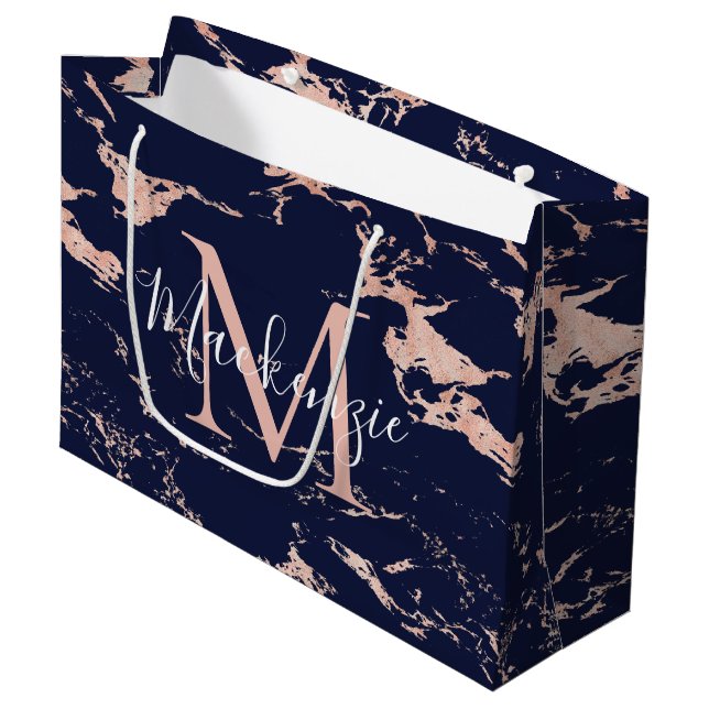 Stylish Navy Blue Marble Rose Gold Foil Monogram Large Gift Bag (Front Angled)
