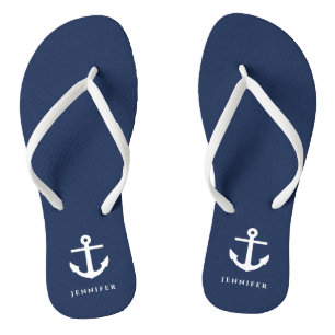 Stylish Navy Blue Nautical Anchor Custom Name  Flip Flops