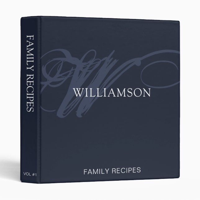  Stylish Navy Blue Personalized Family Recipes 3 Binder (Front/Spine)