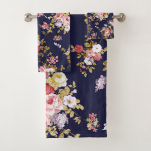 Stylish navy blue pink gold boho floral bath towel set