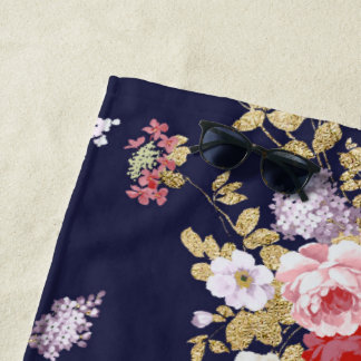 Stylish navy blue pink gold boho floral beach towel