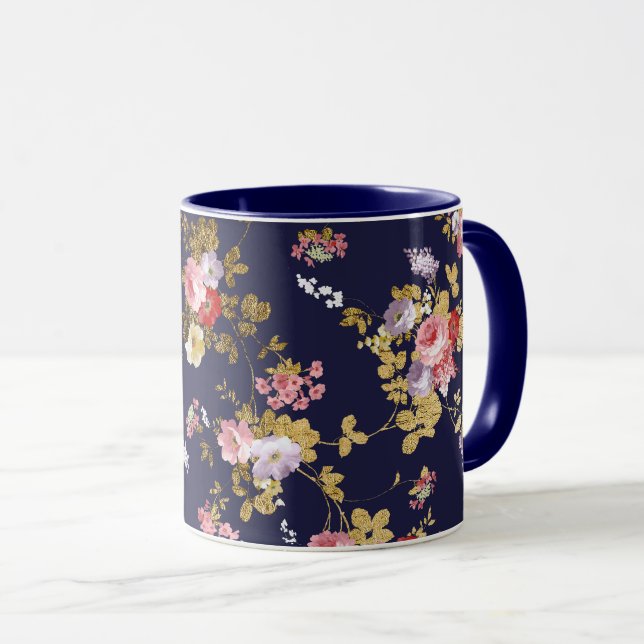 Stylish navy blue pink gold boho floral mug (Front Right)