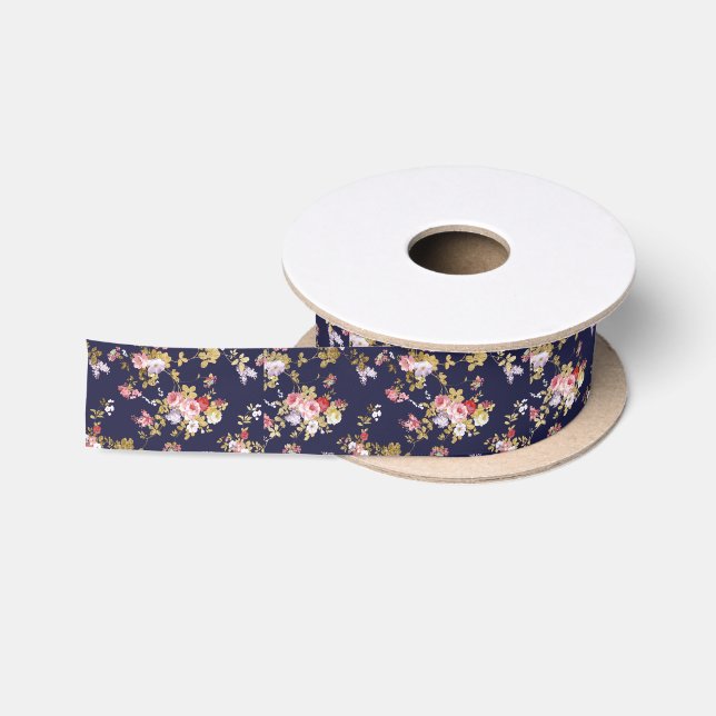 Stylish navy blue pink gold boho floral satin ribbon (Spool)