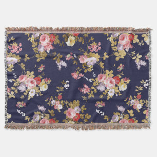Stylish navy blue pink gold boho floral throw blanket