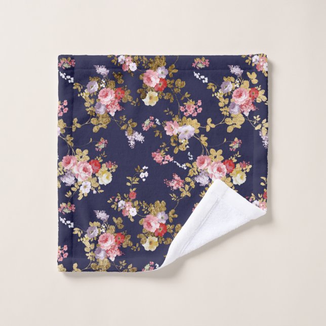 Stylish navy blue pink gold boho floral wash cloth (Wash Cloth)