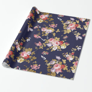 Stylish navy blue pink gold boho floral wrapping paper