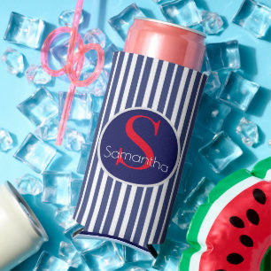 Stylish navy blue red striped initial monogram seltzer can cooler