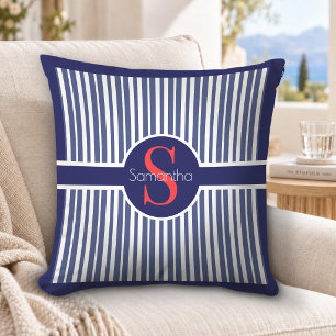 Stylish navy blue red striped initial monogram throw pillow