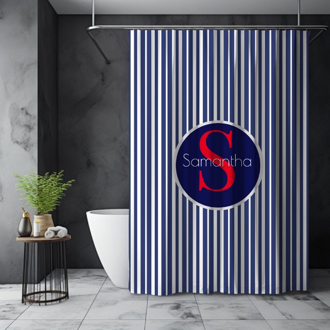 Stylish Navy Blue Red Striped Monogram (Creator Uploaded)