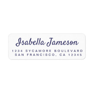 Stylish Navy Blue Script White Return Address