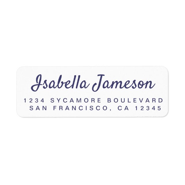 Stylish Navy Blue Script White Return Address (Front)
