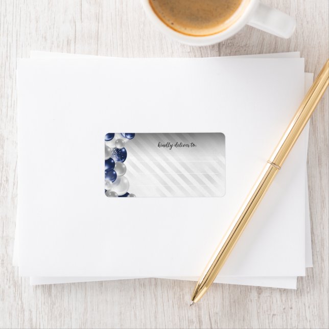 Stylish Navy Blue Silver Balloon Glitter Birthday  Label (Insitu)