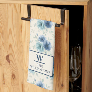 Stylish Navy Blue Watercolor Flowers Monogram Kitc Kitchen Towel